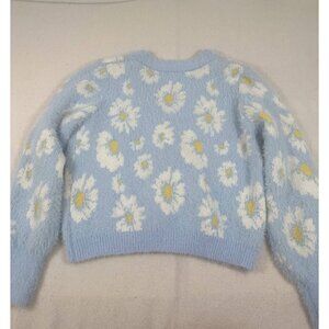 Vintage-Inspired Blue Daisy Knit Cardigan Sweater - Soft Fuzzy V-Neck with Butto